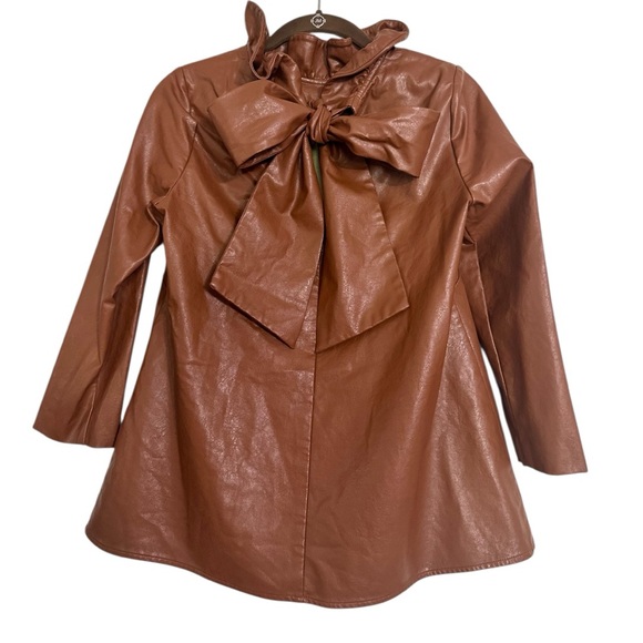 Tuckernuck Cognac Leather Faye Blouse
XS Ruffle Bow Neck Back Long Sleeve - Picture 4 of 10